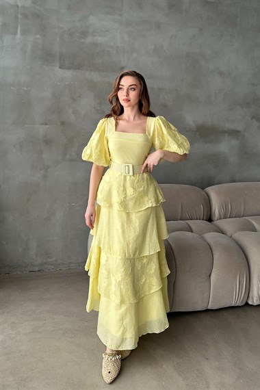 Sarı Balon Kol Detaylı Kat Kat Çiçek Elbise