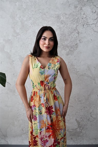 Sarı Çiçek Desenli Yazlık Elbise