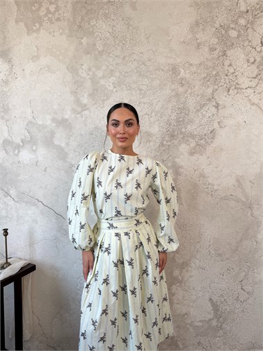 Sarı Çizgili Çiçekli Bluz Etek Takım