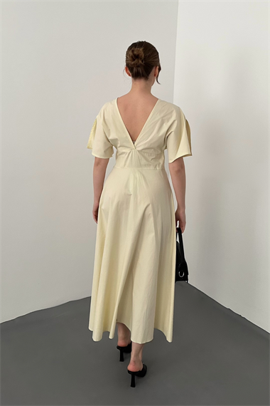Sarı Düğmeli Midi Boy Poplin Elbise