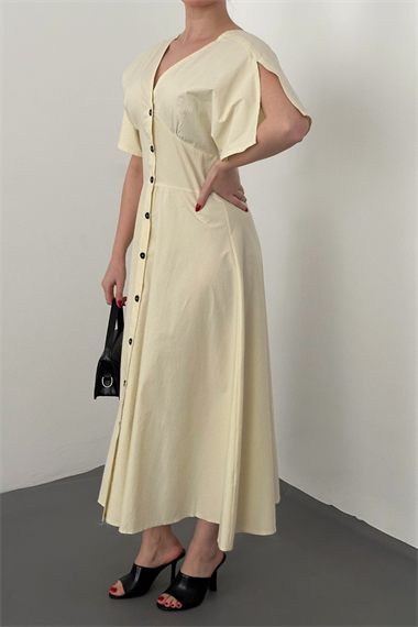 Sarı Düğmeli Midi Boy Poplin Elbise