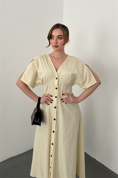 Sarı Düğmeli Midi Boy Poplin Elbise