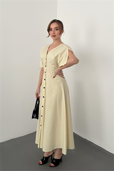 Sarı Düğmeli Midi Boy Poplin Elbise