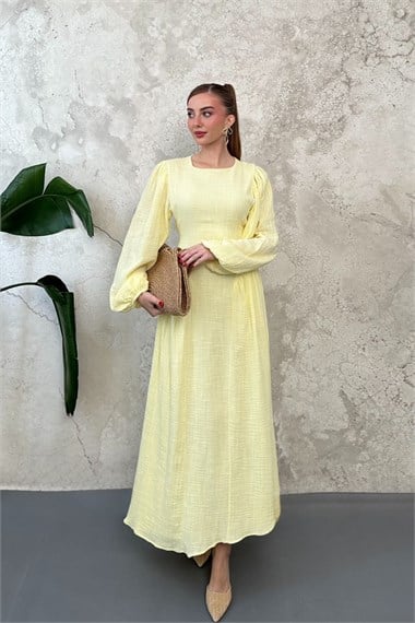 Sarı Eteği Büzgülü Uzun Kollu Elbise