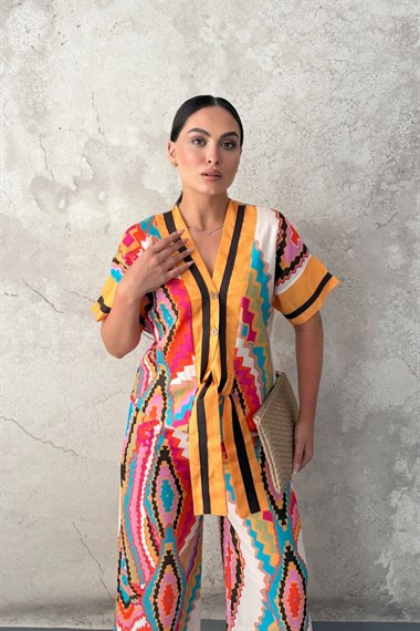 Sarı Etnik Desen Gömlek Pantolon Takım
