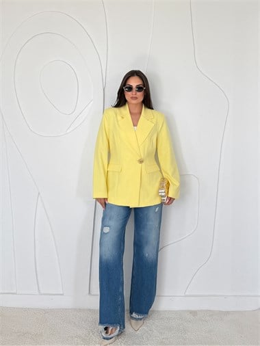Sarı Gold Düğme Detaylı Belden Oturtmalı Blazer Ceket