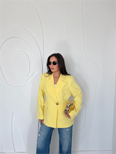Sarı Gold Düğme Detaylı Belden Oturtmalı Blazer Ceket