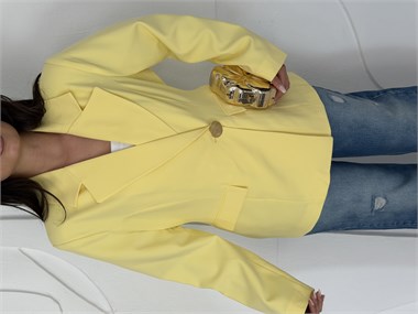 Sarı Gold Düğme Detaylı Belden Oturtmalı Blazer Ceket