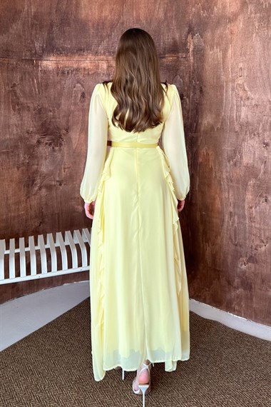 Sarı Kemerli Şifon Elbise