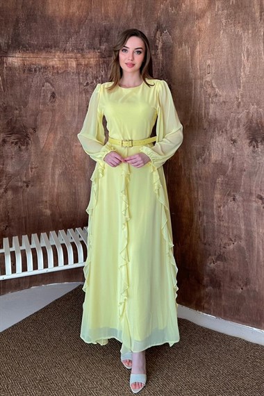 Sarı Kemerli Şifon Elbise