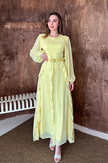 Sarı Kemerli Şifon Elbise