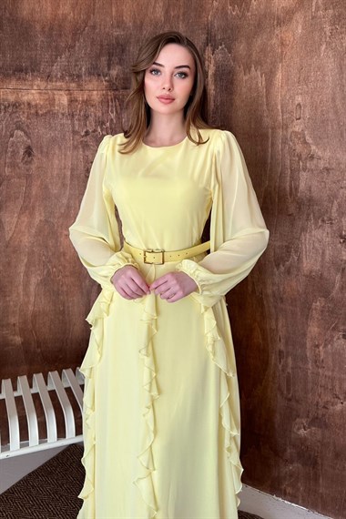 Sarı Kemerli Şifon Elbise
