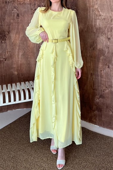 Sarı Kemerli Şifon Elbise
