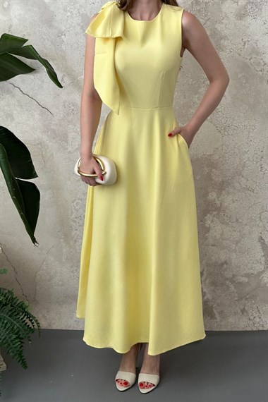 Sarı OMUZ FİYONKLU ELBİSE