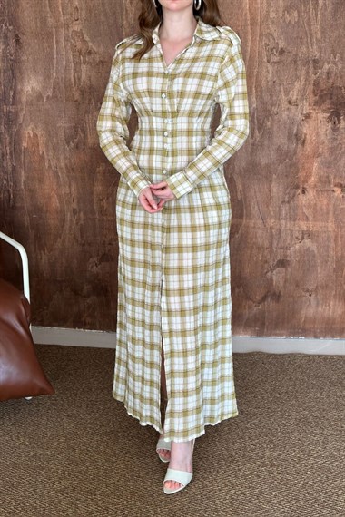 Sarı Pileli Ekoseli Elbise