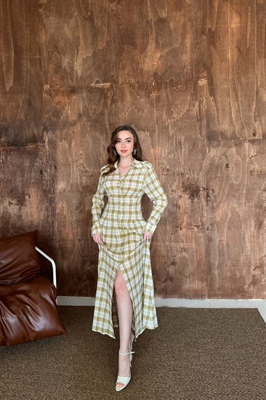 Sarı Pileli Ekoseli Elbise