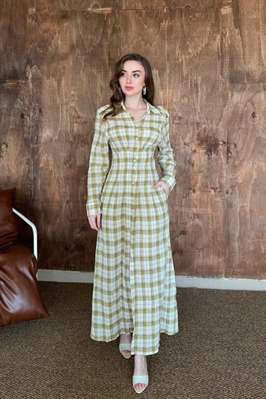 Sarı Pileli Ekoseli Elbise