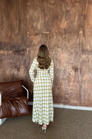 Sarı Pileli Ekoseli Elbise