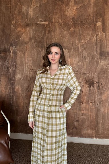 Sarı Pileli Ekoseli Elbise