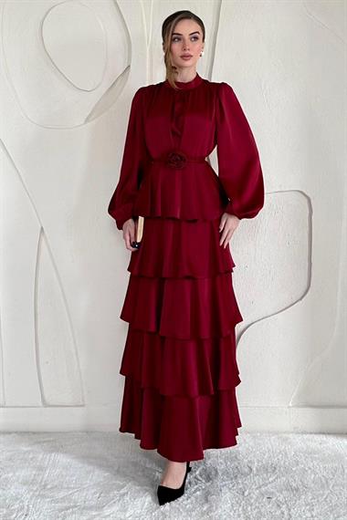 Bordo Saten Gül Detaylı Kat Kat Elbise