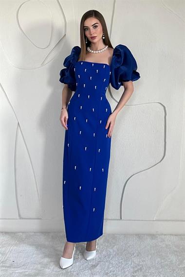 Sax Kolu Garnili İşleme Detaylı Elbise