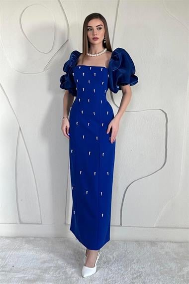 Sax Kolu Garnili İşleme Detaylı Elbise