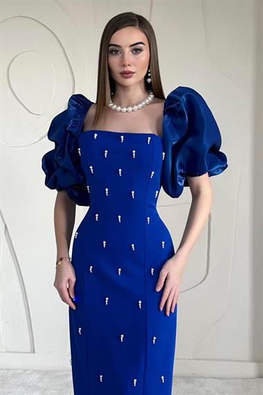 Sax Kolu Garnili İşleme Detaylı Elbise