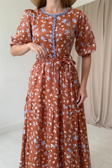 Kiremit Şerit Detaylı Düğmeli Elbise