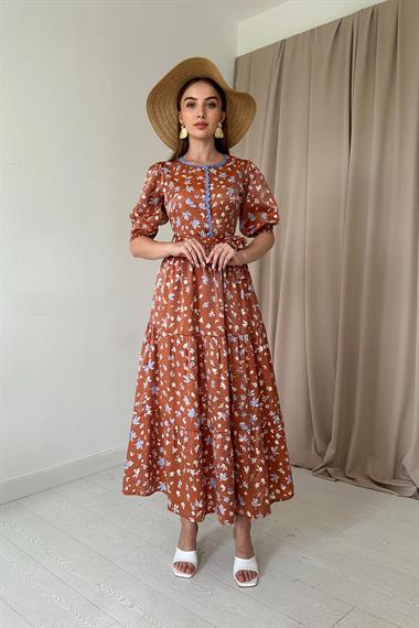 Kiremit Şerit Detaylı Düğmeli Elbise