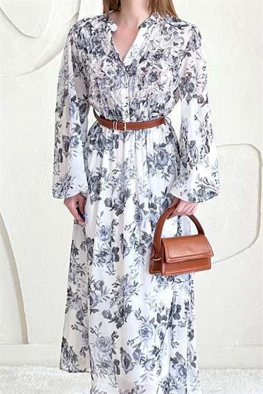 Siyah Şifon Kemer Detaylı Elbise