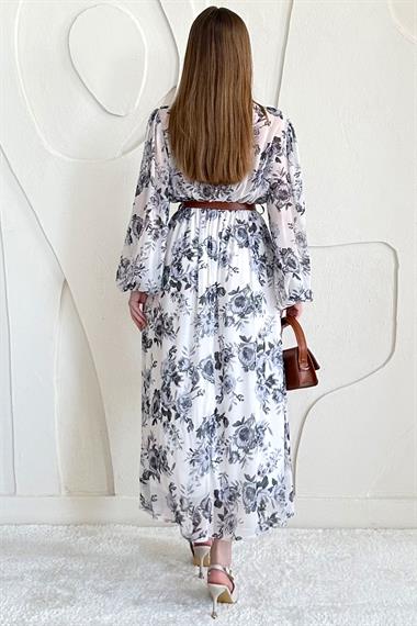 Siyah Şifon Kemer Detaylı Elbise