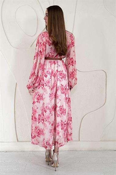 Pembe Şifon Kemer Detaylı Elbise