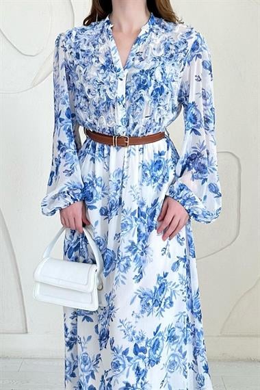 Mavi Şifon Kemer Detaylı Elbise