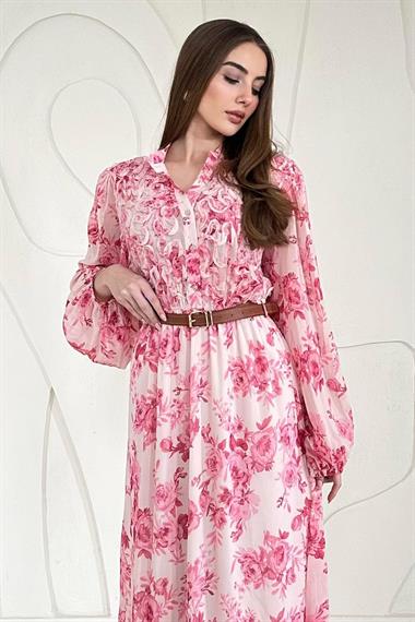 Pembe Şifon Kemer Detaylı Elbise