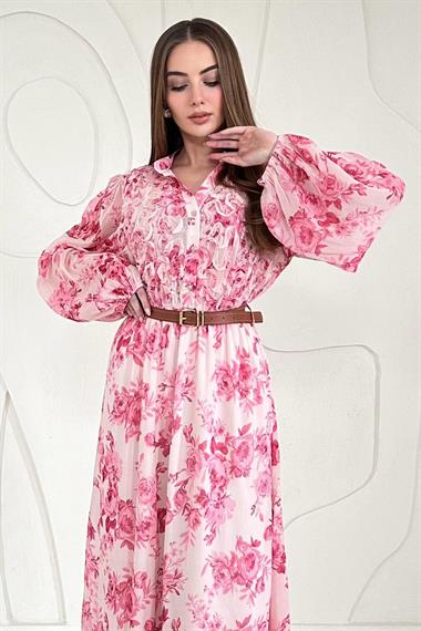 Pembe Şifon Kemer Detaylı Elbise