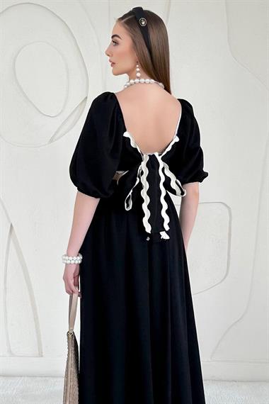 Siyah Sırt Bağlama Detaylı Balon Kol Keten Elbise