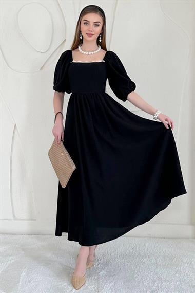 Siyah Sırt Bağlama Detaylı Balon Kol Keten Elbise