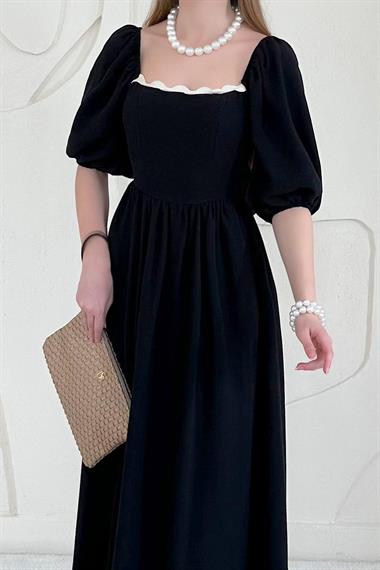 Siyah Sırt Bağlama Detaylı Balon Kol Keten Elbise