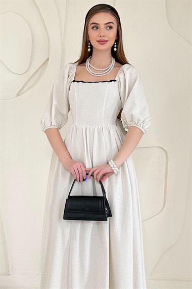 Bej Sırt Bağlama Detaylı Balon Kol Keten Elbise