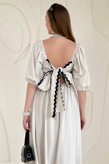 Bej Sırt Bağlama Detaylı Balon Kol Keten Elbise