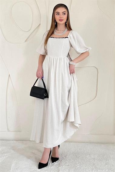 Bej Sırt Bağlama Detaylı Balon Kol Keten Elbise