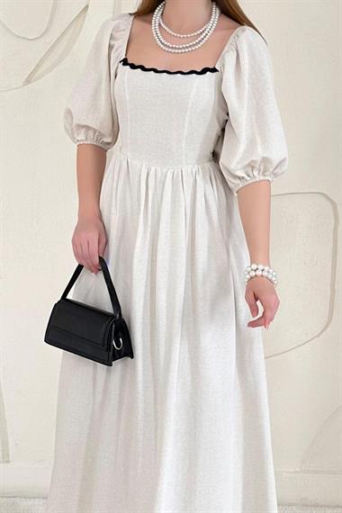 Bej Sırt Bağlama Detaylı Balon Kol Keten Elbise