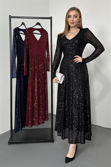 Siyah Sırt Dekolteli Pulpayet Elbise