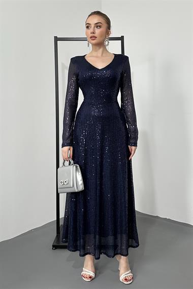 Lacivert Sırt Dekolteli Pulpayet Elbise