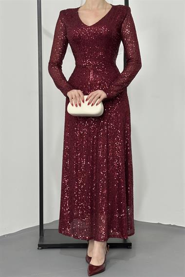 Bordo Sırt Dekolteli Pulpayet Elbise