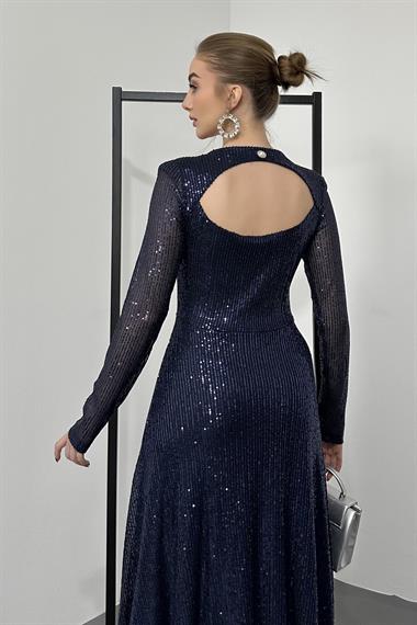 Lacivert Sırt Dekolteli Pulpayet Elbise