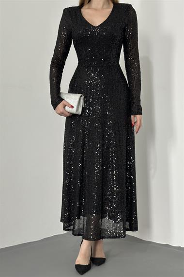 Siyah Sırt Dekolteli Pulpayet Elbise