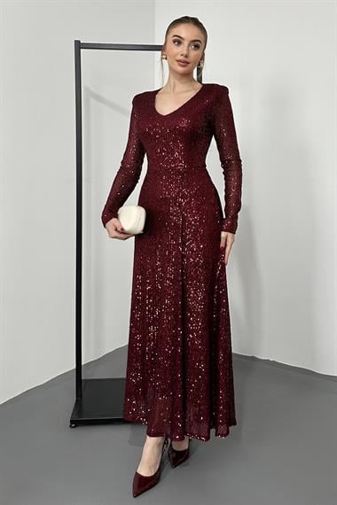 Bordo Sırt Dekolteli Pulpayet Elbise