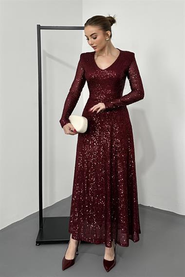 Bordo Sırt Dekolteli Pulpayet Elbise