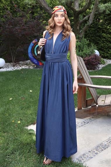 Back Detailed Tie Denim Dress